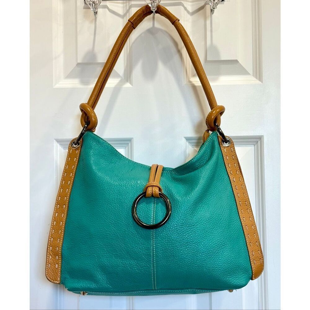 BRAND UNKNOWN - Pebbled Leather Shoulder Bag in Turquoise w/Light Brown Trim
